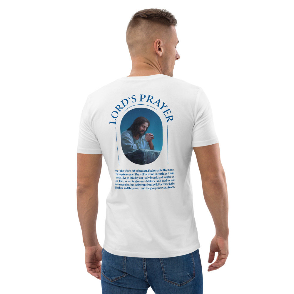 t_shirt-with-jesus-praying Inspirational Christian shirt with Matthew 6:9's Lord's Prayer on the back.