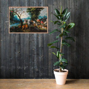 Artful wood-framed poster depicting 'Entry of the Animals into Noah's Ark' by Jan Brueghel the Elder